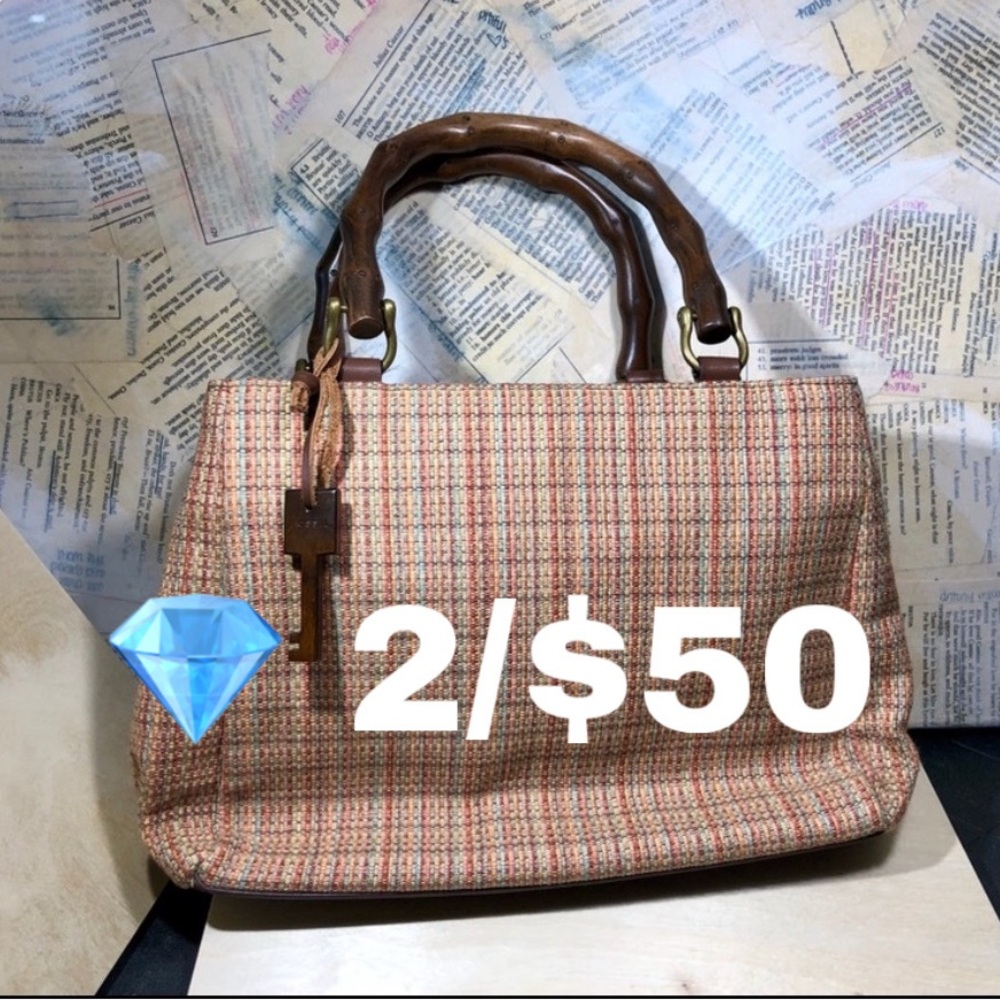 💎 Fossil Vintage Wood Handle Woven Fabric Handbag